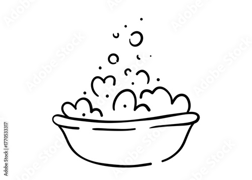Simple vector illustration of a basin filled with soapy foam. Hand drawn outline doodle style. Cleanliness and washing concept symbol for laundry, bathroom, or cleaning design themes.