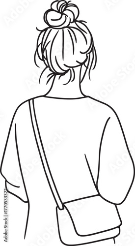 a woman from behind with a messy bun and a shoulder bag on white backgraound