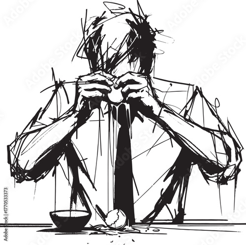 Abstract sketch of a man cracking an egg, black ink lines on whi