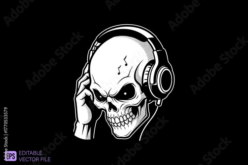 Skull wearing headphones listening to music in black and white.
