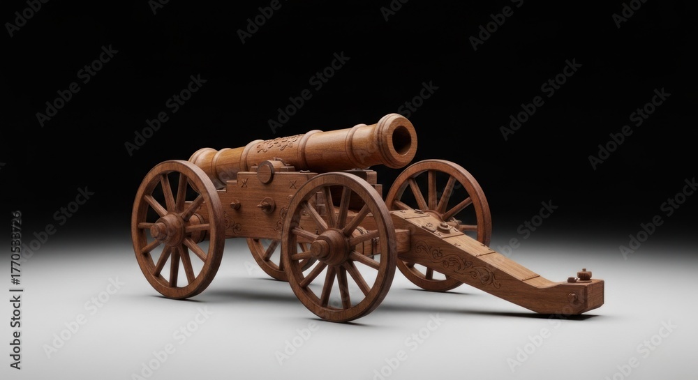 Fototapeta premium Wooden model cannon on display, with intricate carvings and a neutral backdrop