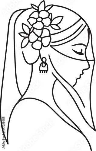 Elegant indian woman with traditional floral hairstyle and veil covering face