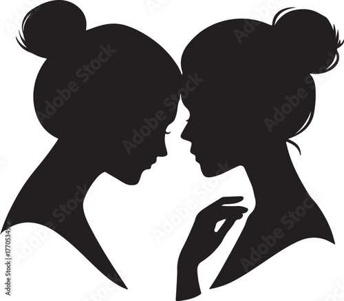 Silhouettes of two young women with hair buns in quiet intimate gesture