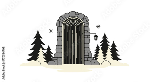 Stone archway surrounded by snow-covered trees in a magical forest  
