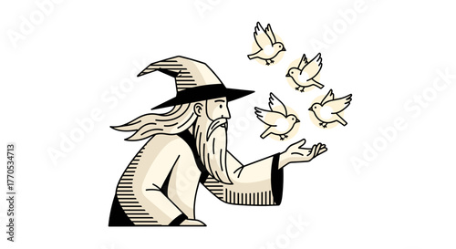 Wizard feeding glowing birds in a magical forest setting