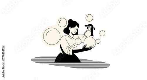 Woman crafting light orbs with bubbles in minimalist black and white style  