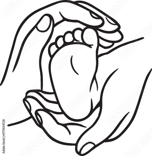 Tender Loving Care Line Art of Babys Foot in Mothers Hands