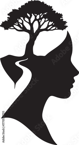 Surreal a woman s profile with a tree growing from her head and a path leading into the distance ON white backgraound