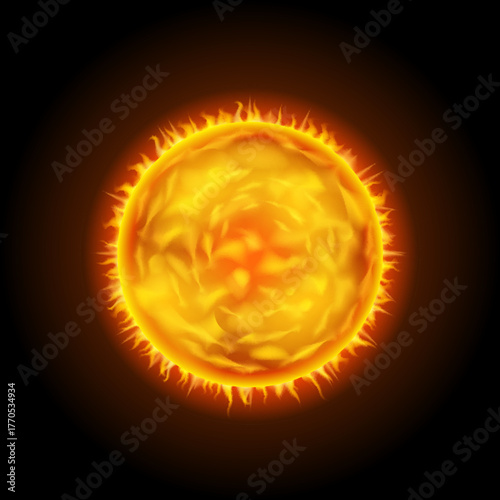 Sun on a black background. Vector illustration of a sun in fire.