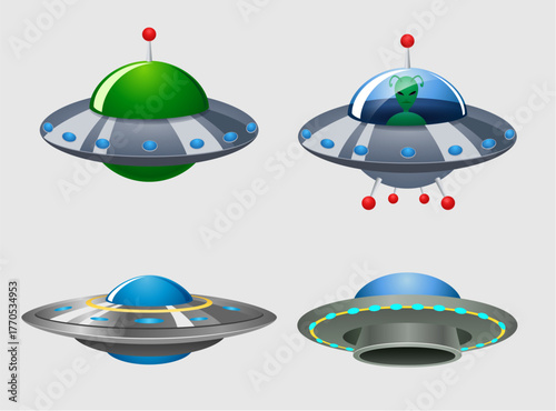 UFO set. Flying saucer and spaceship. Vector illustration.