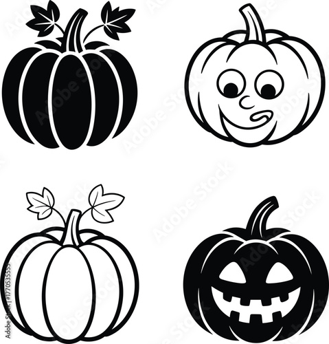 Black and white pumpkin and jack o lantern illustration set, halloween vegetable icons collection, cute spooky face design vector