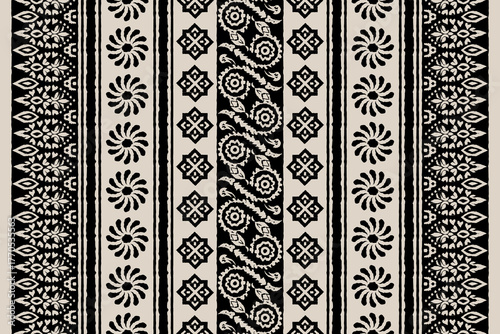 Black and beige ethnic geometric floral seamless pattern inspired by traditional handcrafted textile designs. Perfect for fabric prints, home decor, wallpapers, stationery, and fashion design.