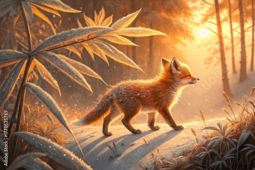 Baby Fox with Orange Fur Walking Through Winter Sunlight