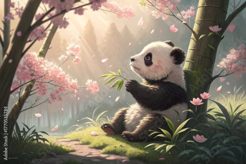 Baby panda cub sitting amongst blooming cherry blossoms