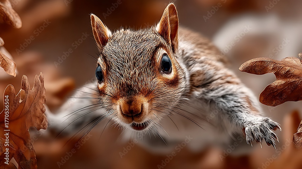 Obraz premium Squirrel jumping through autumn leaves high resolution photo