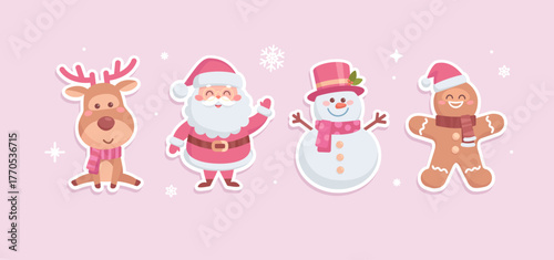 Cute Christmas characters bundle of Pink Santa Claus, Reindeer, Gingerbread man, Happy Snowman. Merry Christmas pink stickers pack in pastel colors for holiday design and decoration