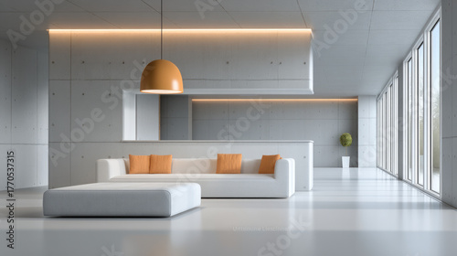 Modern minimalist living room with white sofa, orange cushions, pendant lamp, large windows, and concrete walls, creating bright atmosphere