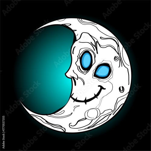 Spooky Smiling Crescent Moon with Glowing Blue Eyes