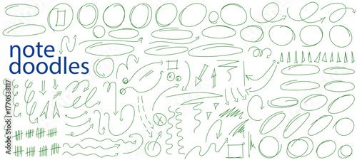 Hand drawn note Doodles, notebook vector shapes. Handmade for presentation notes underlines e emphasis line elements. Curves an checkbox, circles and arrows.