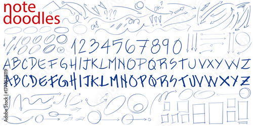 Hand drawn note Doodles, notebook vector shapes. Handmade for presentation notes underlines e emphasis line elements. Letters and numbers, circles and arrows