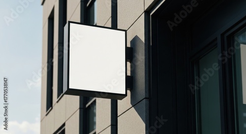 Blank, square sign mockup affixed to a gray, modern building exterior under sunlight