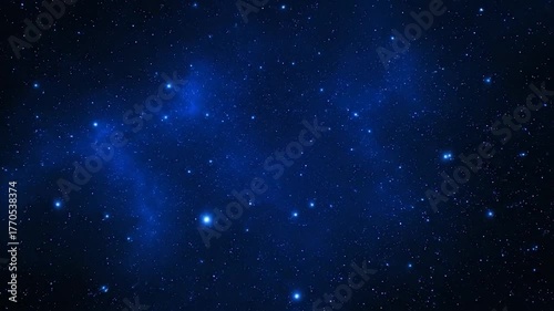 A celestial scene presents a dark blue space scattered with many bright stars