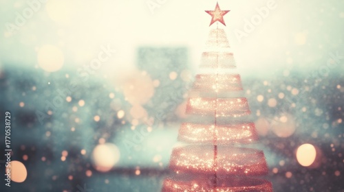 Snowy Christmas tree shines softly in winter evening light