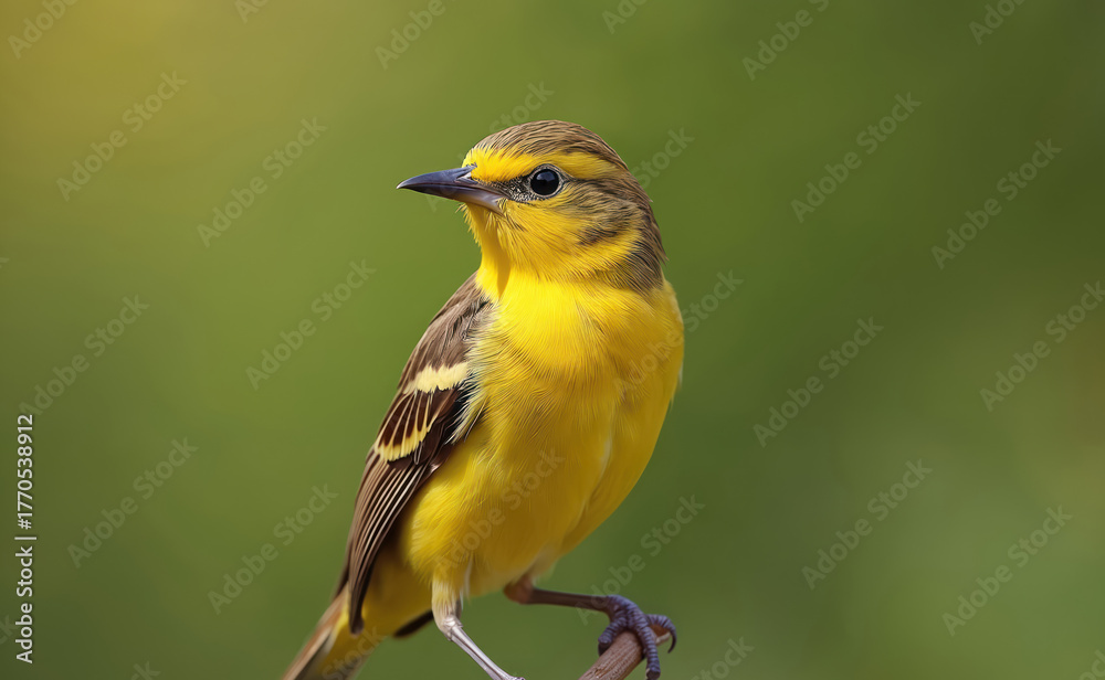 Obraz premium Close view of male yellowhammer bird. Ornithology concept. Songbird sits on branch in nature. Wildlife animal with yellow feather, beak. Small avian in spring. Garden background and perch in woods.