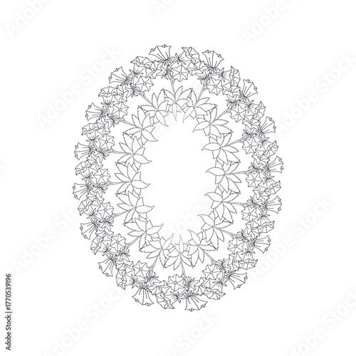 Hand drawn black and white line art canary islands flowers bellflower wreath. Card template with cute monochrome floral frame