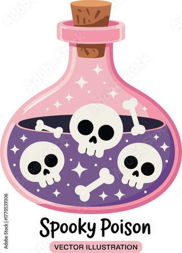 Cute spooky poison potion bottle illustration, pink and purple halloween magic elixir design with skulls and bones, vector artwork