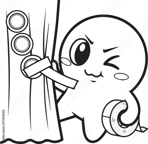 Mischievous Cartoon Character Taping Curtains with Amused Expres