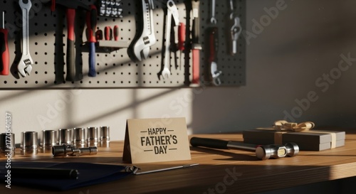 On a cluttered wood workbench beneath a pegboard of wrenches, pliers, and screwdrivers, a small card proclaims Happy Father's Day beside polished sockets, files, and a closed notebook. Nearby.
