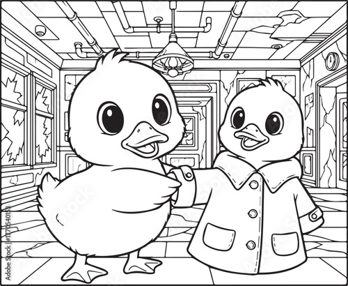 Whimsical adventure cartoon ducks in a textured building ready t