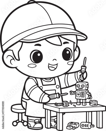 Enthusiastic kid constructor crafting robot with tools in monoch