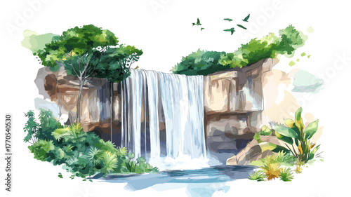 Gocta Waterfall. Gocta Waterfall hand drawn watercolor illustration