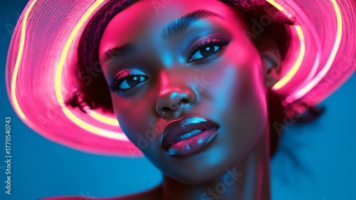 A beautiful futuristic woman with perfect skin is illuminated by a glowing pink neon hat in a cinematic fashion portrait — the future of beauty, cosmetics, and high fashion.
