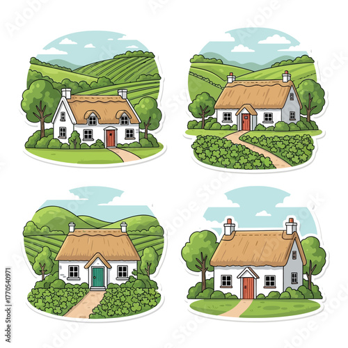 Four illustrations of charming cottages with thatched roofs nestled in green landscapes with rolling hills and trees.
