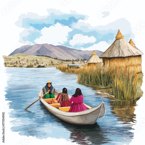 Lake Titicaca. Lake Titicaca hand drawn watercolor illustration
