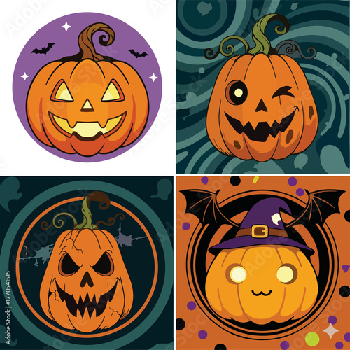 An isolated set of orange Halloween pumpkins with spooky carved faces for October decoration