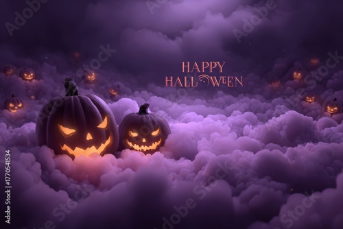Spooky halloween party invitation background with violet misty clouds and glowing pumpkins