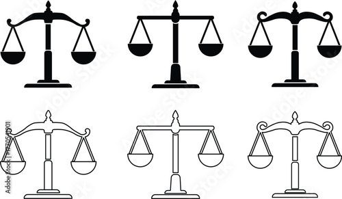 Black silhouette and outline vector of legal justice scales symbolizing law equality and court decision concepts
