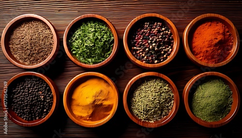 Fototapeta Naklejka Na Ścianę i Meble -  wooden bowls with a variety of herbs and spices, a view from above, and a wooden backdrop