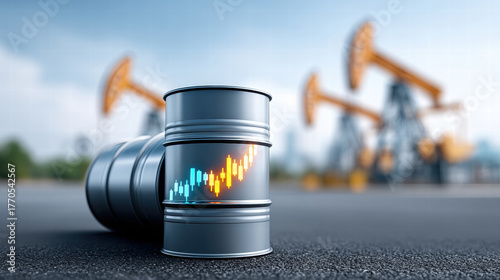 Crude production surge in North America depicted by oil barrel with rising graph and pumpjack background
