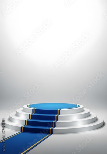 Photo of a threetiered white podium with a blue carpet leading up to the top tier isolated on white background