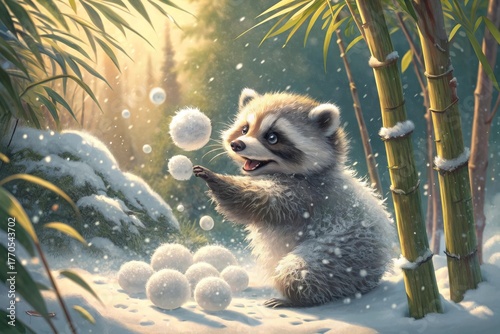 Happy Baby Raccoon Playing With Snowballs in a Winter Scene