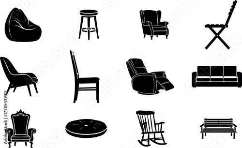 Collection of black silhouette furniture icons including chairs sofa beanbag stool and bench