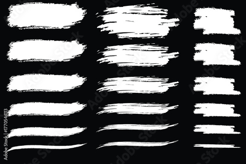 grunge white paint strokes set, abstract brush texture collection, black background paint design elements