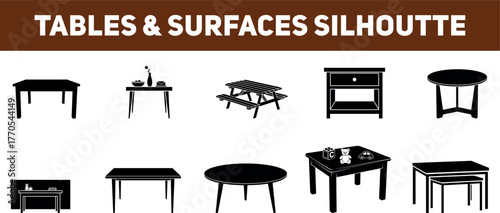 Collection of diverse furniture silhouettes including tables and surfaces for design projects