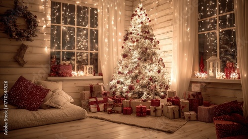 Cozy Christmas Room with Decorated Tree and Presents at Night