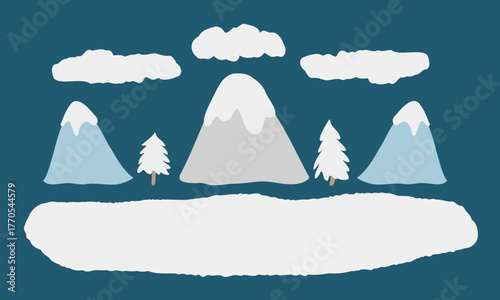  A set of clipart for creating winter scenes. Mountains, snow, fir trees, trees, and clouds isolated on a dark blue background. Vector flat illustrations